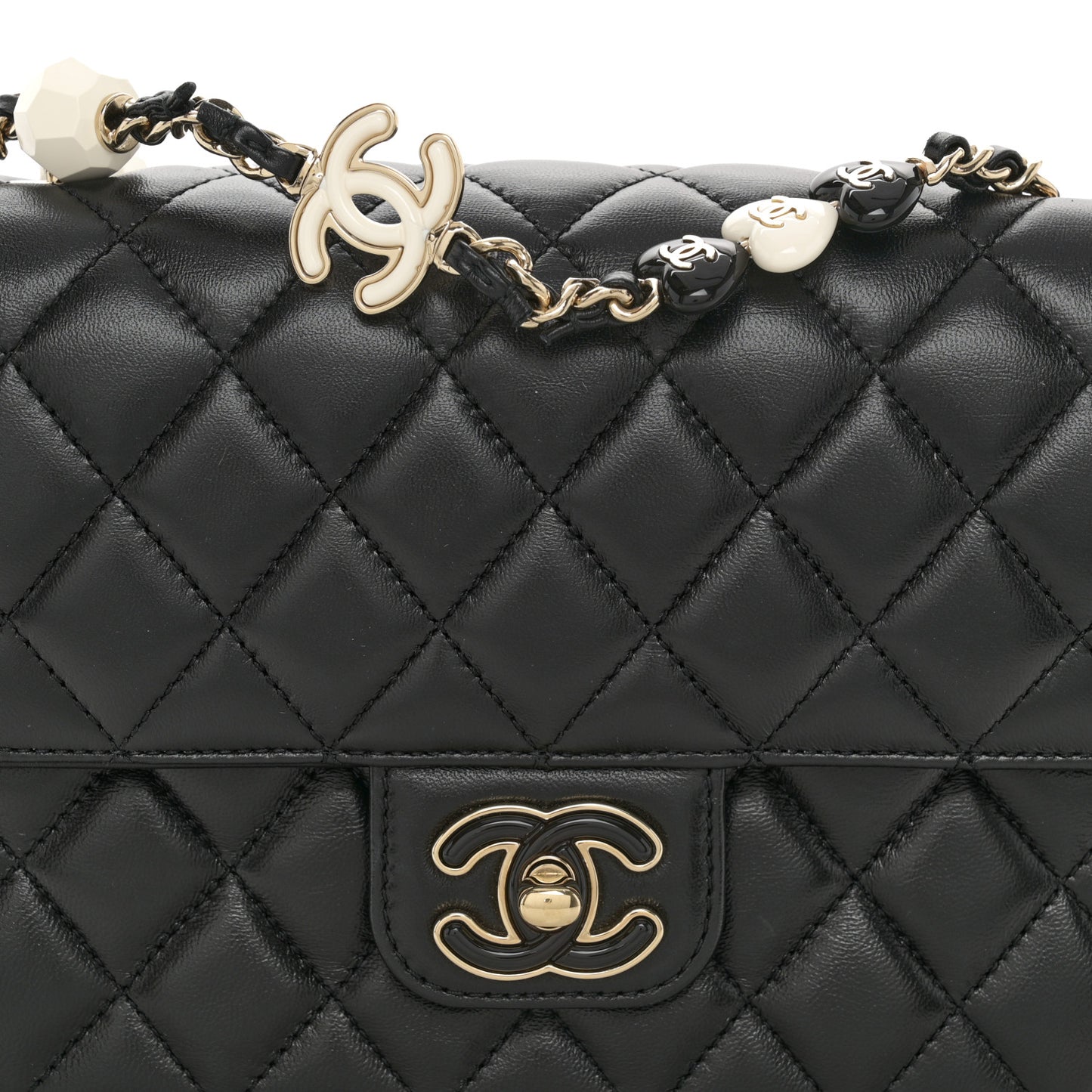 Lambskin Resin Quilted Mini Heart Square Flap Black