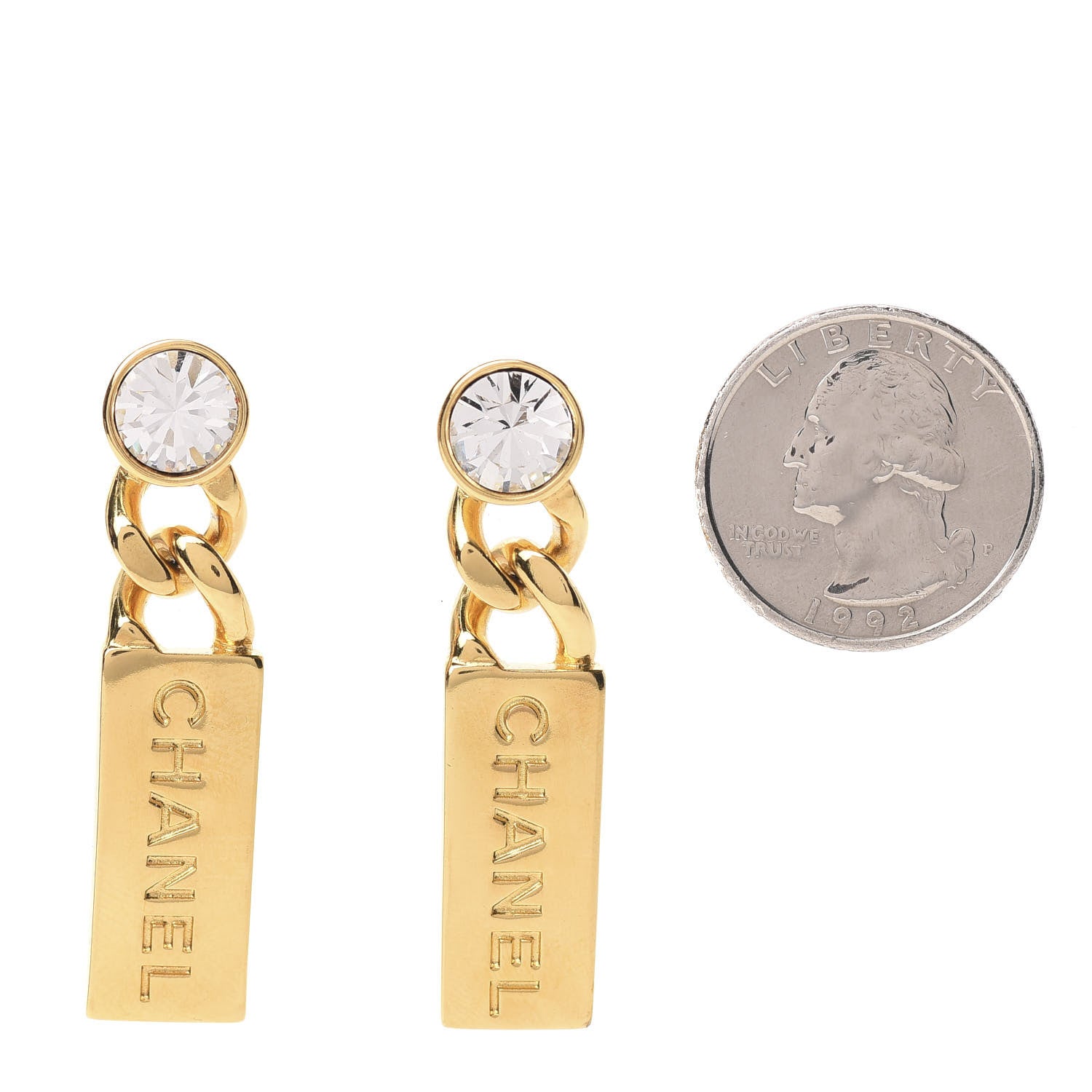 Chanel Crystal Tag Drop Earrings Gold 2 of 5