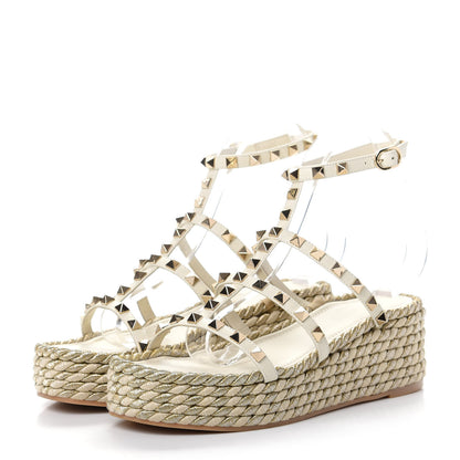 Valentino Garavani Calfskin Rockstud Ankle Strap Torchon Espadrille Caged 30/55mm Sandals 38 Light Ivory 3 of 11