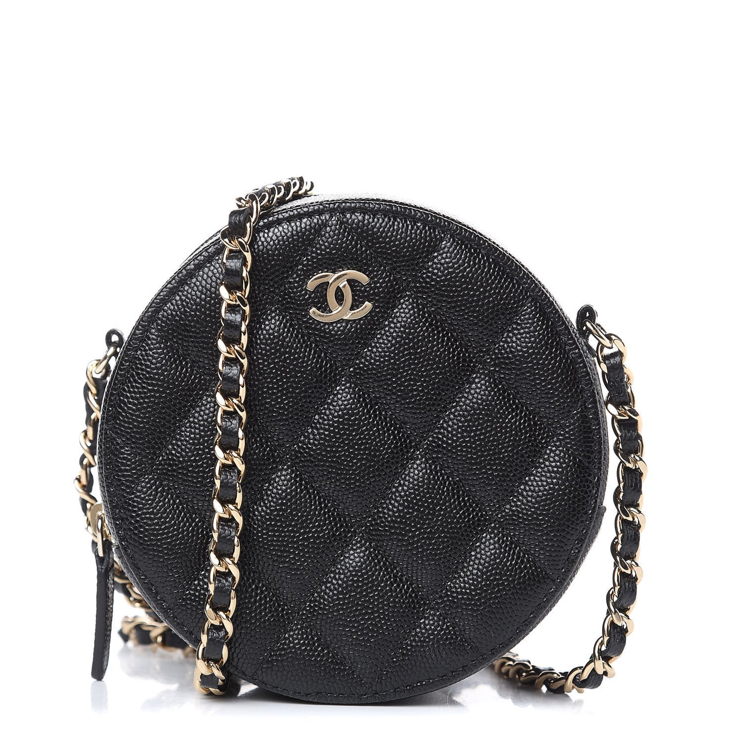 Caviar Quilted Round Clutch With Chain Black