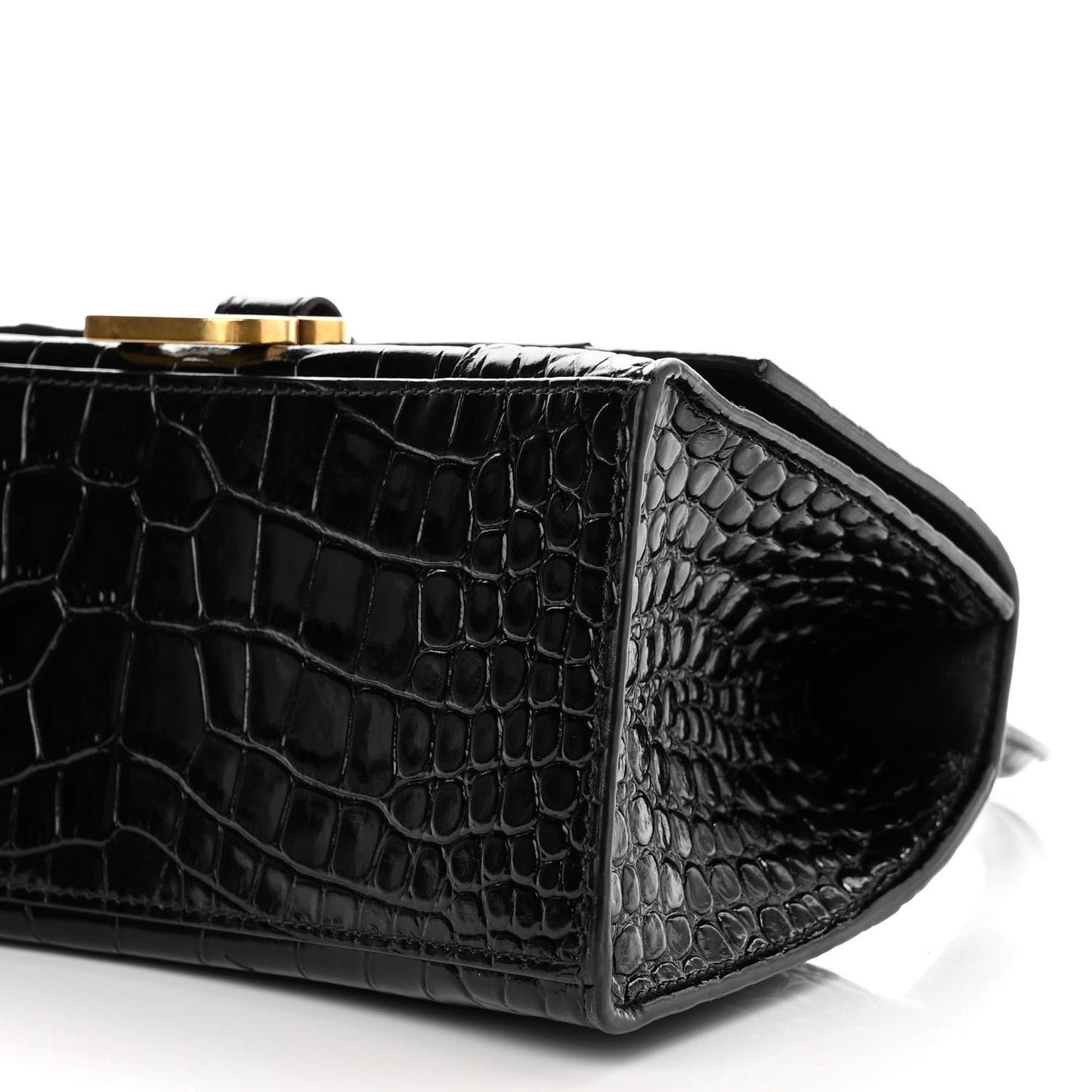 Shiny Calfskin Crocodile Embossed Small Hourglass Top Handle Bag Black