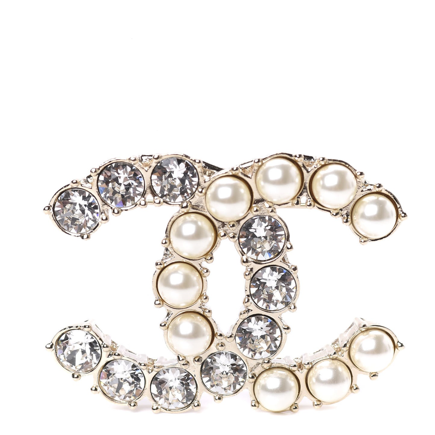 Crystal Pearl CC Dazzling Domino Brooch Gold