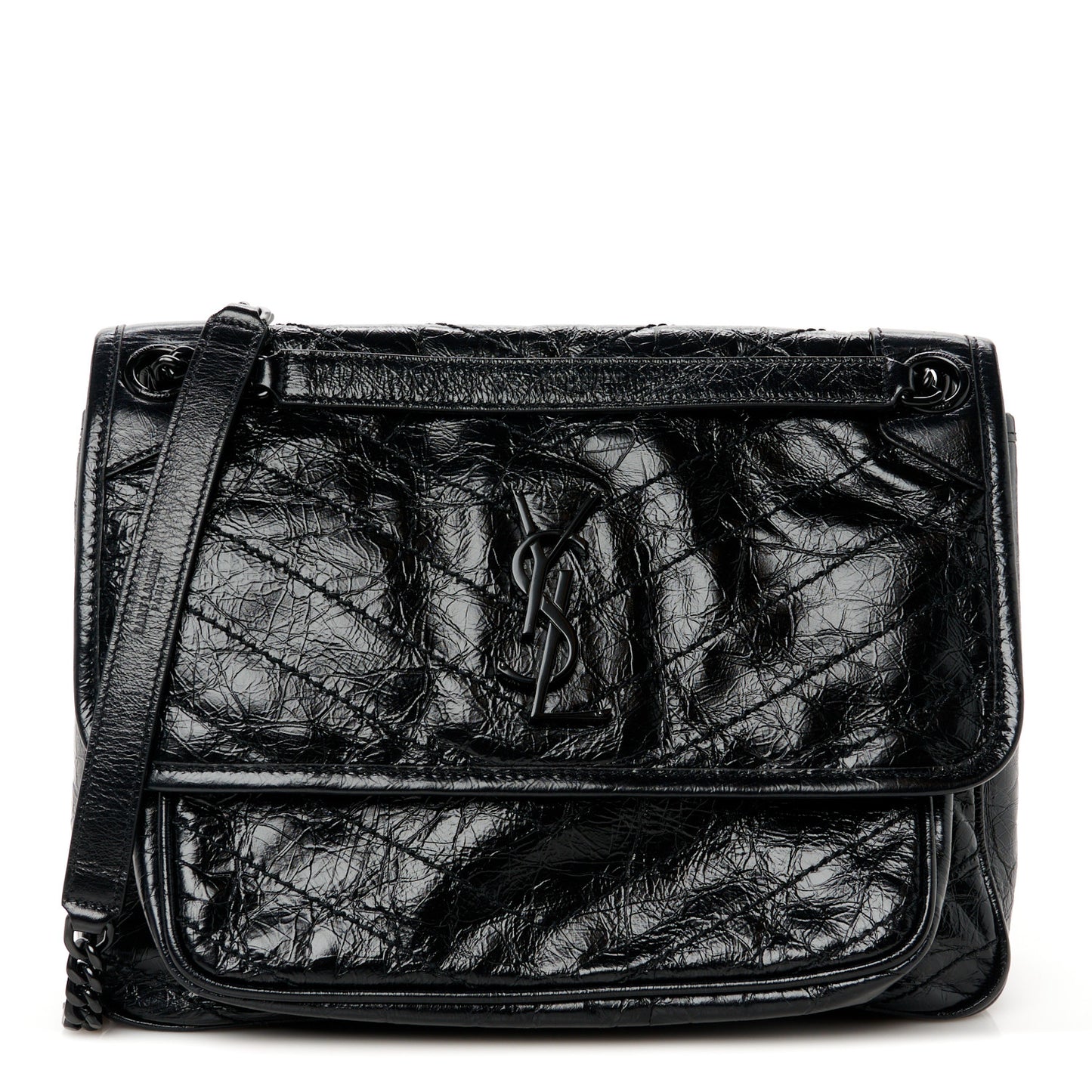 Crinkled Calfskin Matelasse Monogram Medium Niki Chain Satchel Black