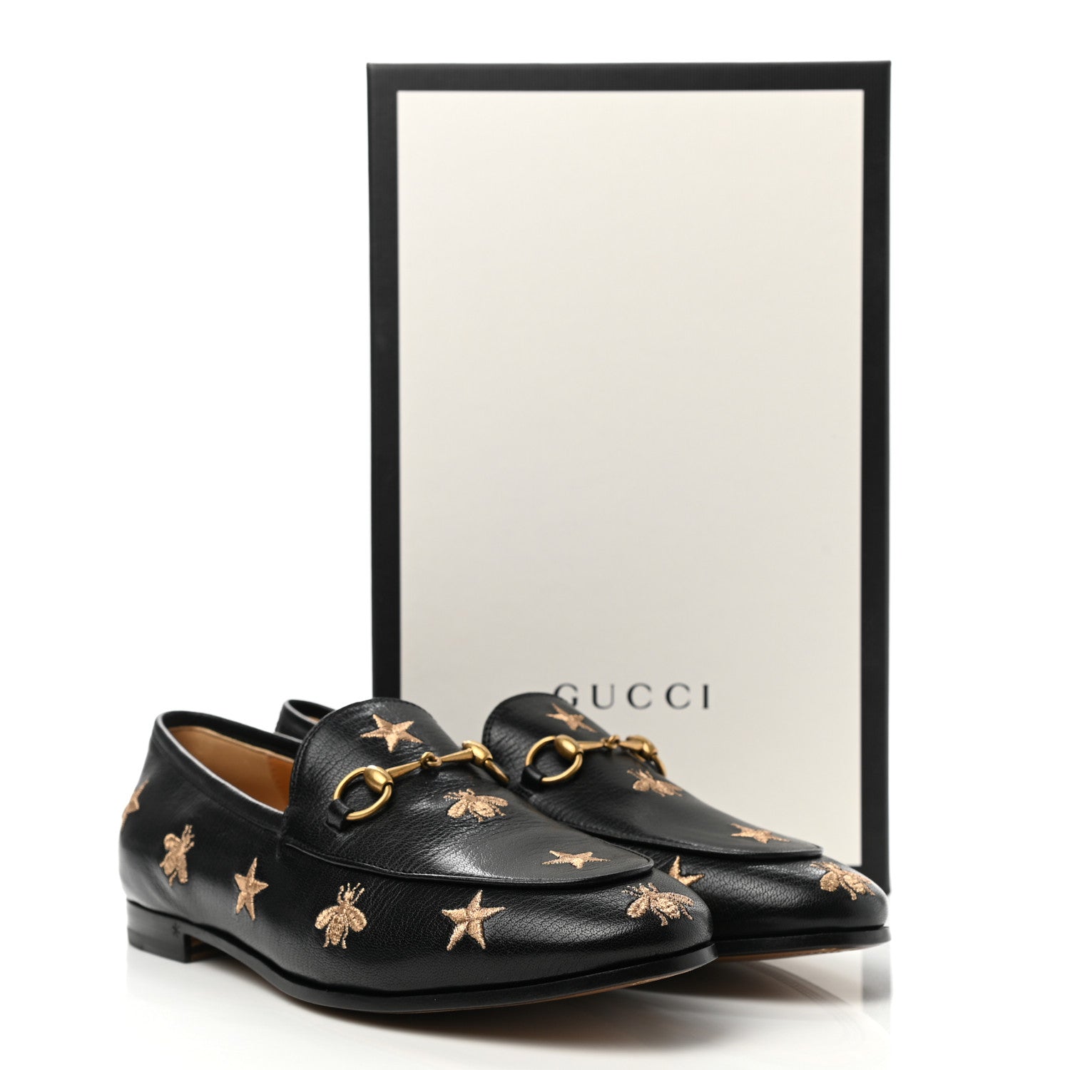 Gucci Goatskin Bee Star Embroidered Womens Jordaan Loafers 37 Black 9 of 9