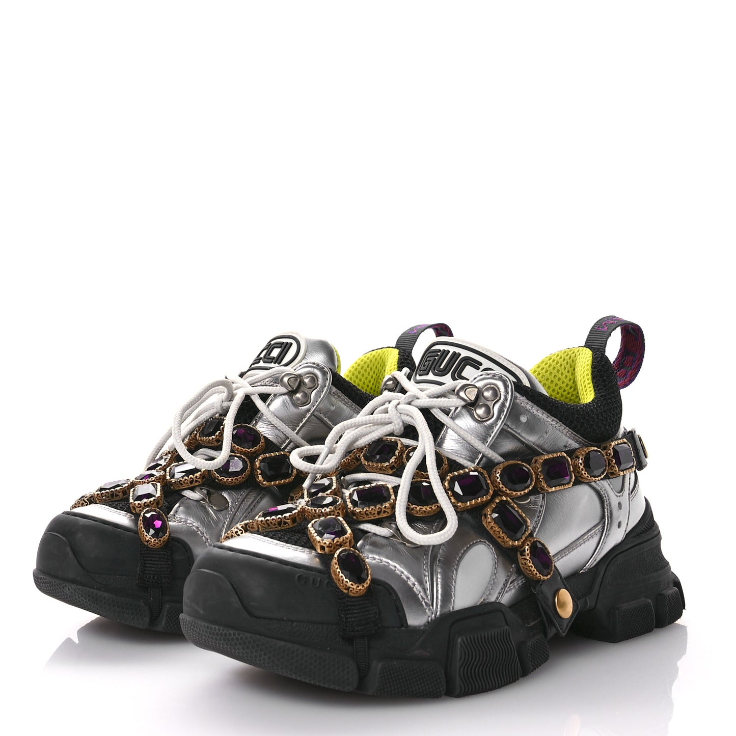 X SEGA Metallic Calfskin Mesh Removable Crystals Womens Flashtrek Sneakers 37 Silver Black