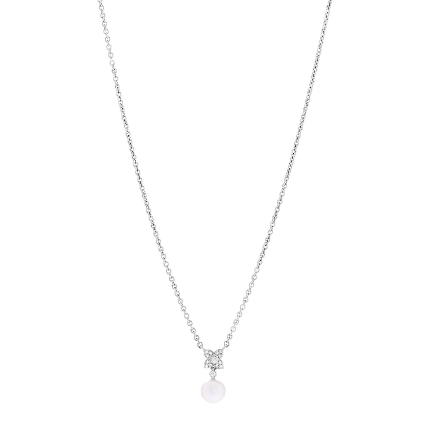 18K White Gold Diamond Akoya Cultured Pearl 7-7.5mm Flower Pendant Necklace