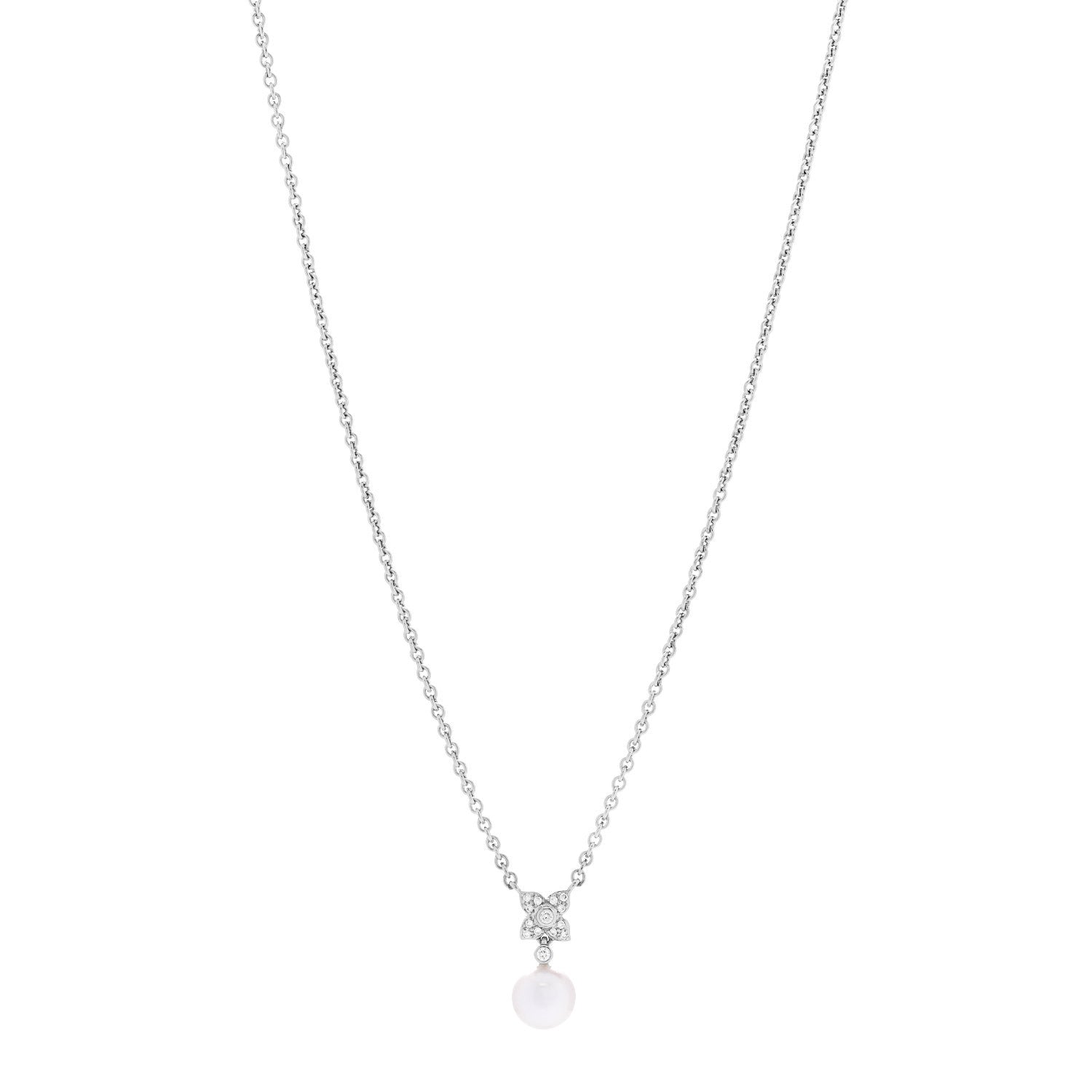 Mikimoto 18K White Gold Diamond Akoya Cultured Pearl 7-7.5mm Flower Pendant Necklace 1 of 5