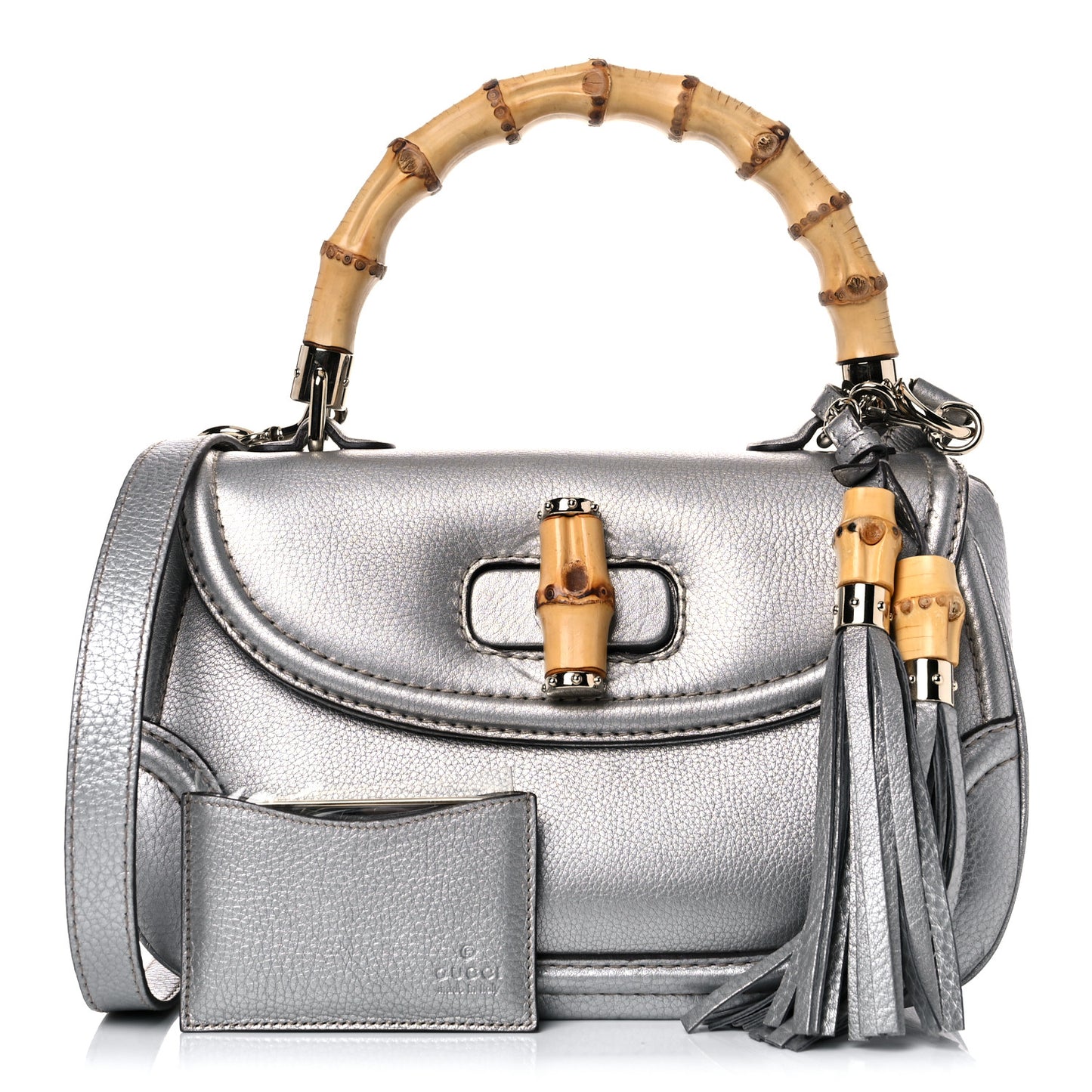 Metallic Calfskin Medium New Bamboo Top Handle Bag Silver