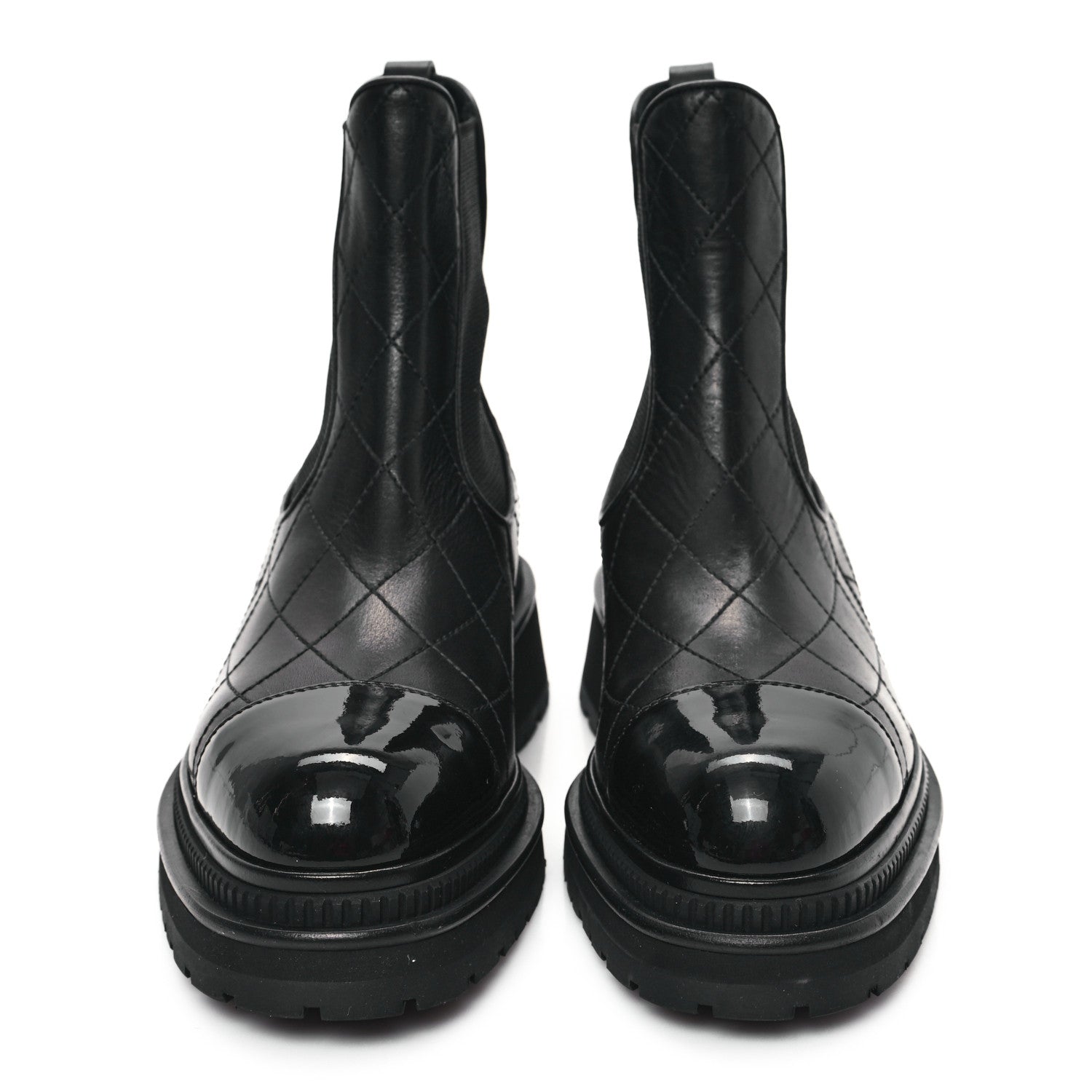 Chanel Calfskin Patent Cap Toe Quilted Short Boots 39.5 Black