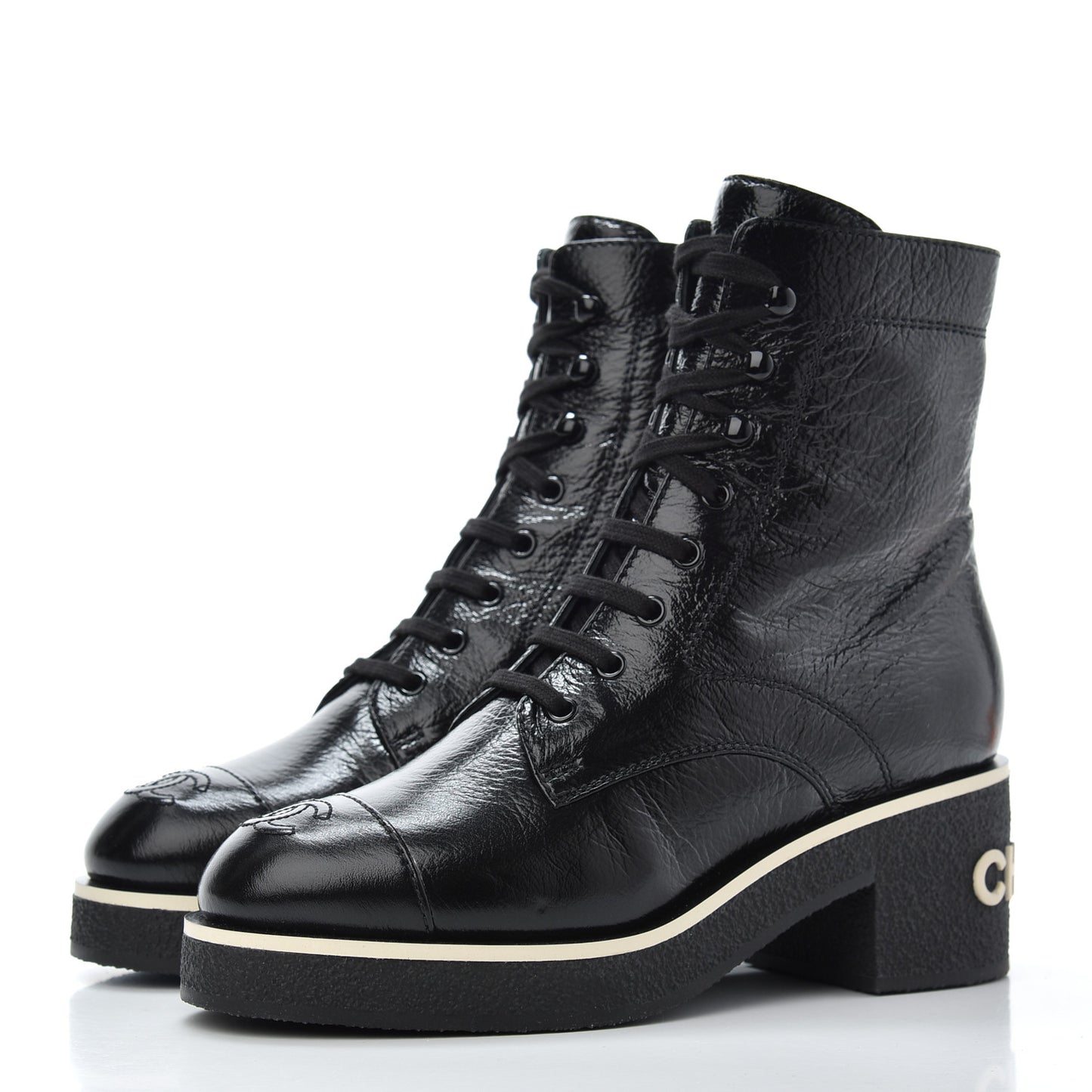 Shiny Crumpled Lambskin Lace Up Combat Boots 37.5 Black