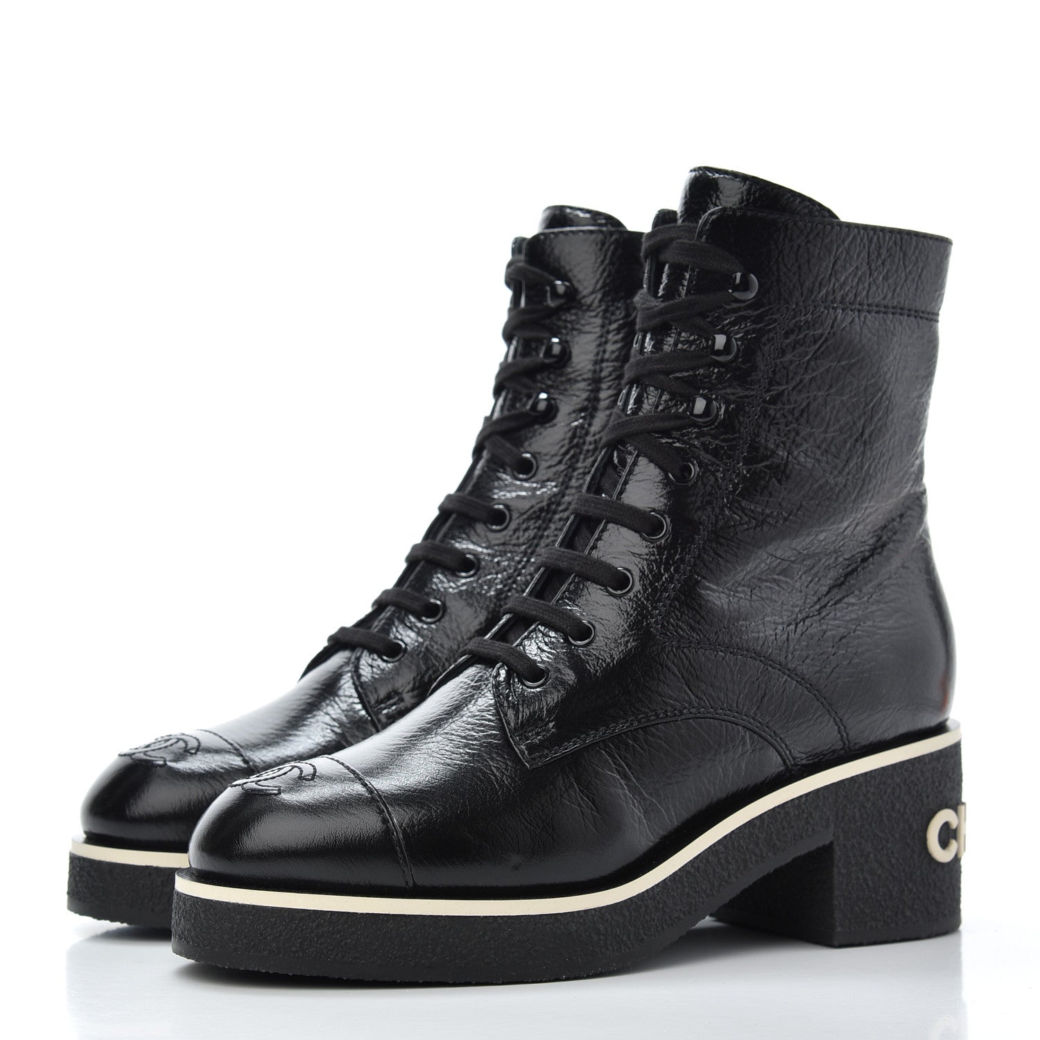 Chanel Shiny Crumpled Lambskin Lace Up Combat Boots 37.5 Black 3 of 8