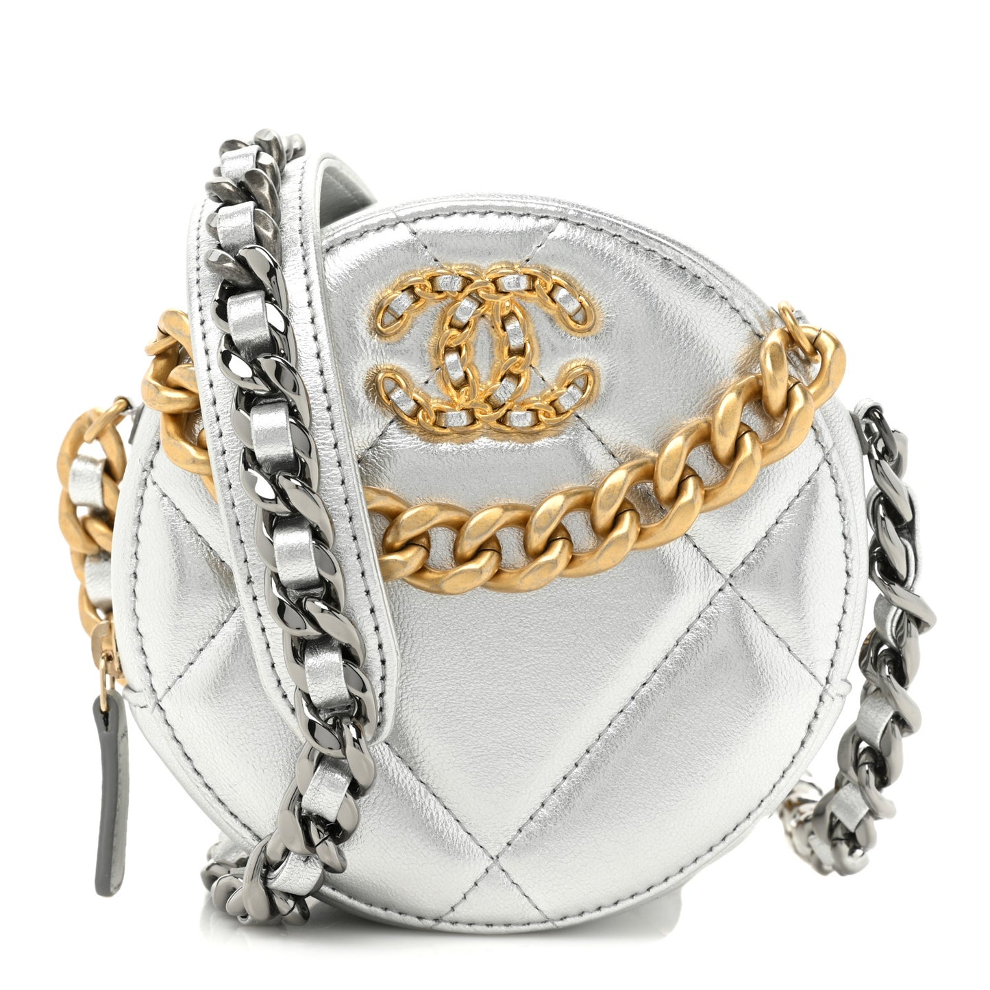 Metallic Lambskin Quilted Chanel 19 Round Clutch With Chain Silver