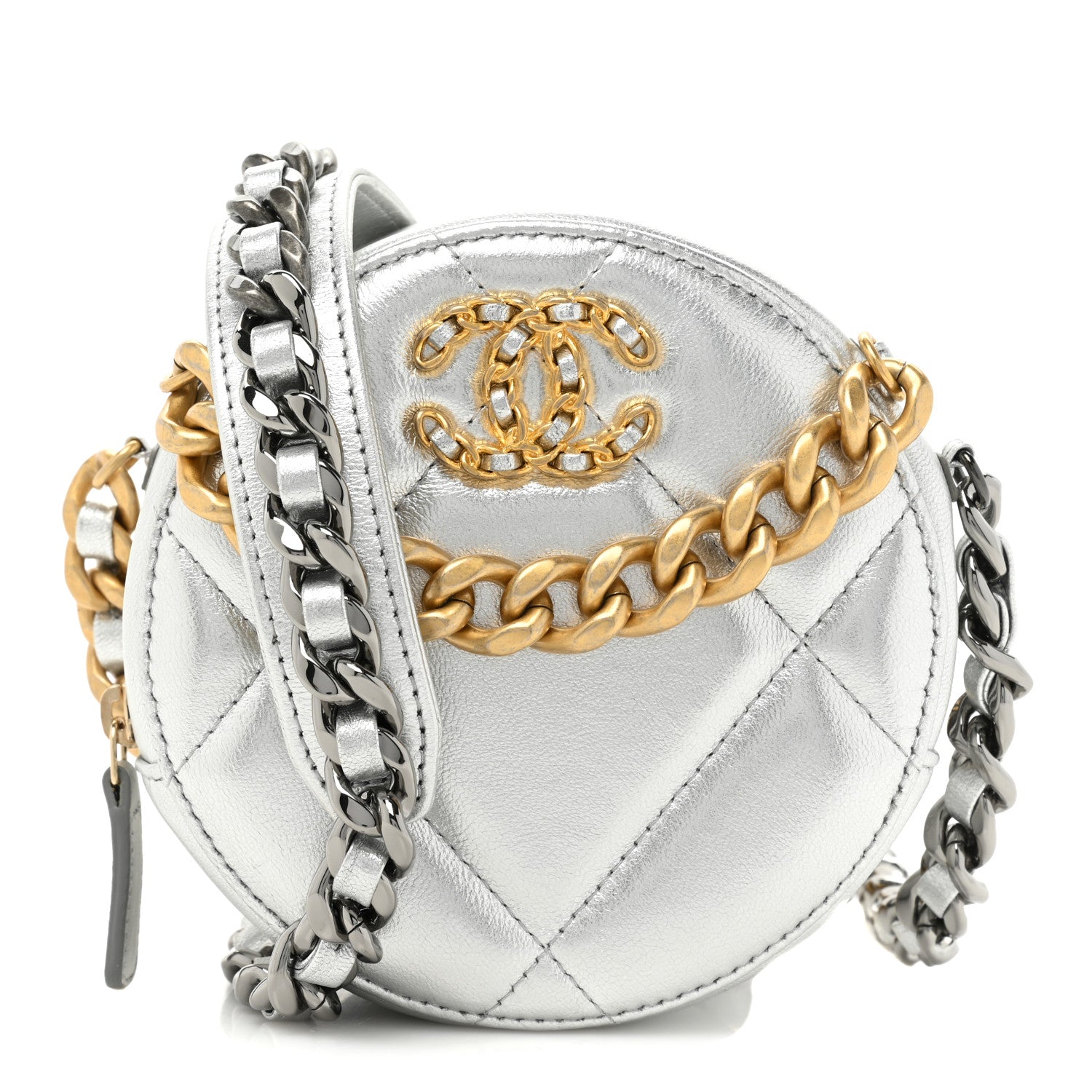 Chanel Metallic Lambskin Quilted Chanel 19 Round Clutch With Chain Silver 1 of 11