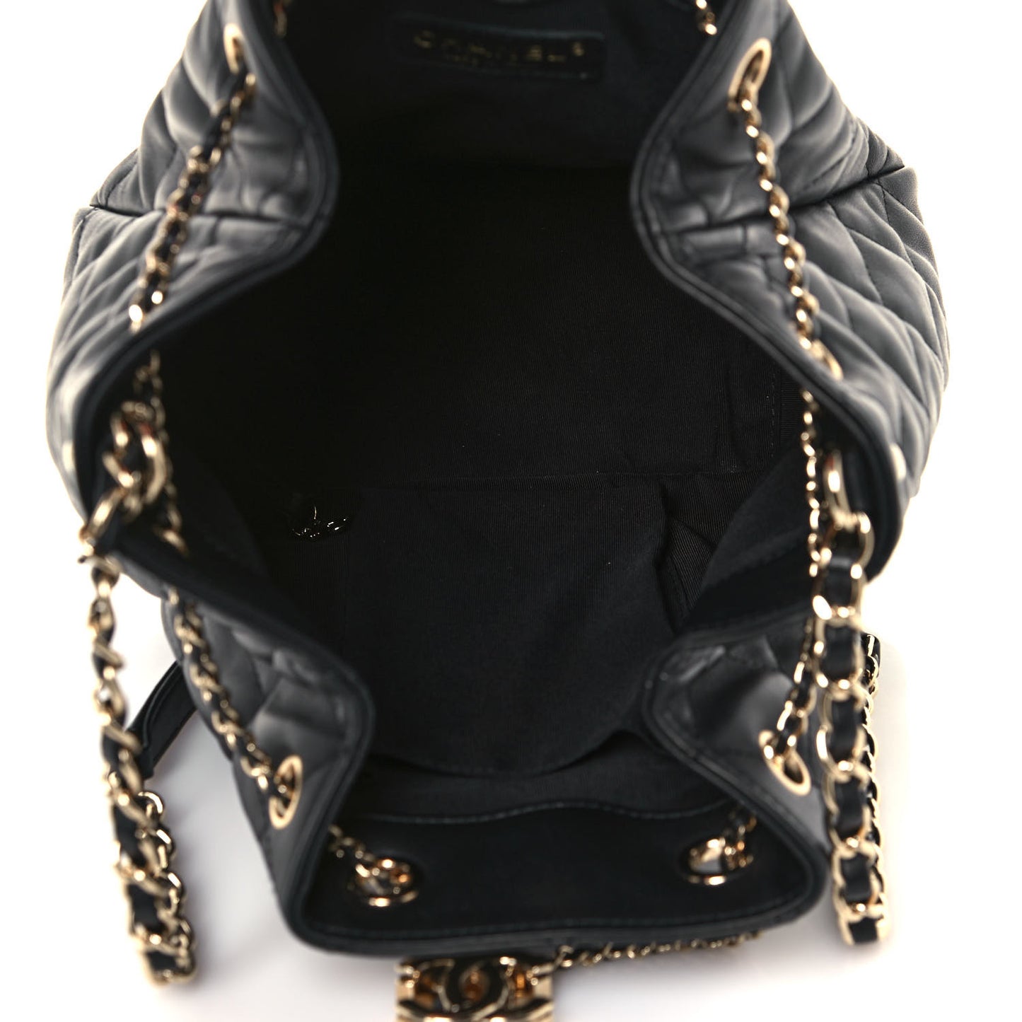 Lambskin Quilted Chain Drawstring Bag Black
