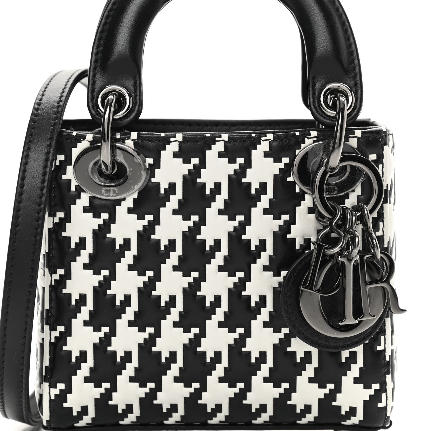 Christian Dior Calfskin Macro Houndstooth Embossed Micro Lady Dior Black White 7 of 9