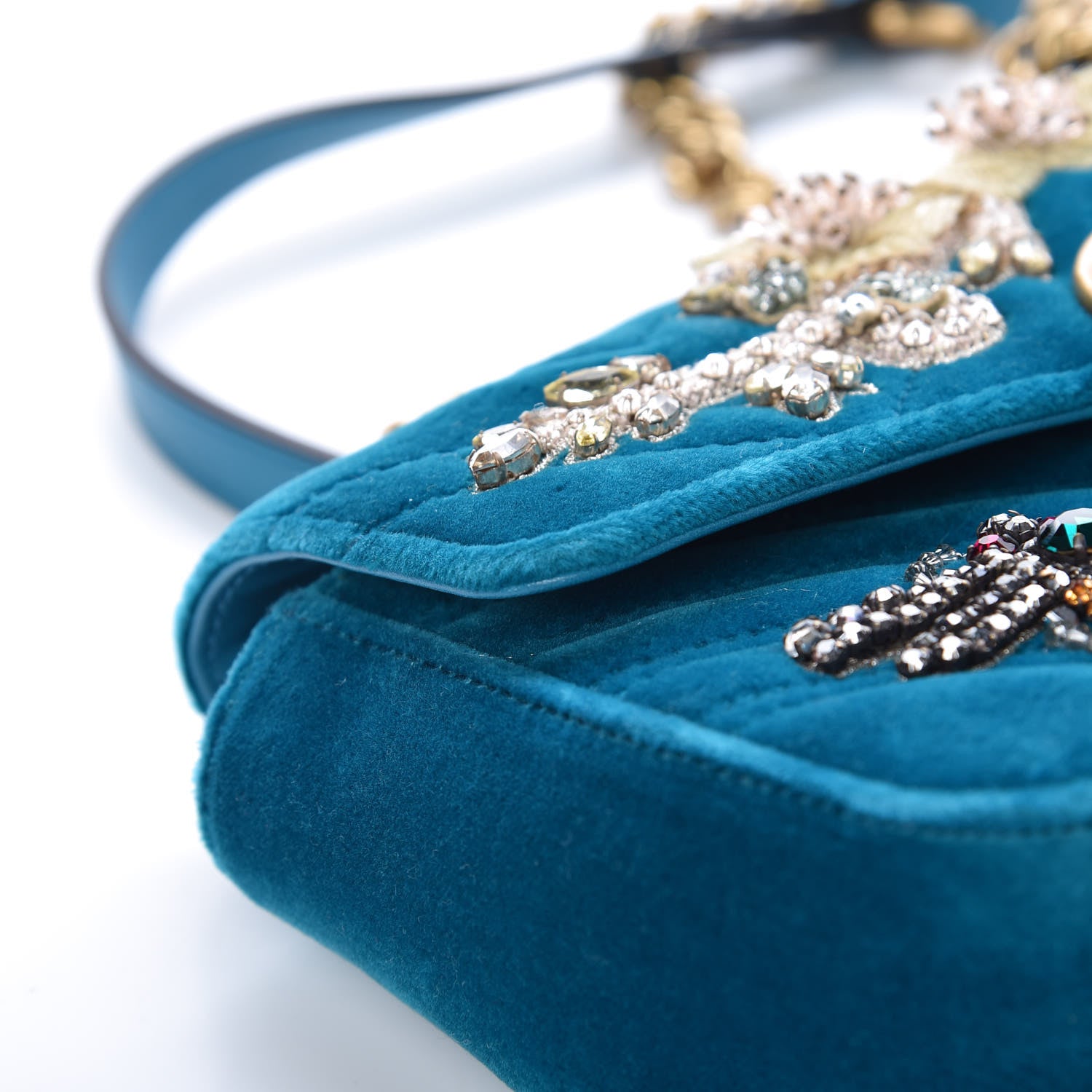 Gucci Velvet Matelasse Embroidered Mini GG Marmont Shoulder Bag Pavone Cyan 11 of 12