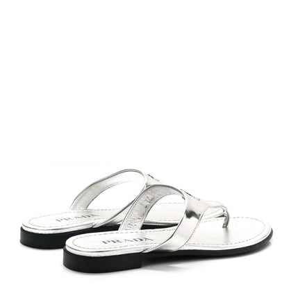 Prada Metallic Calfskin Logo Thong Sandals 37 Silver 4 of 7