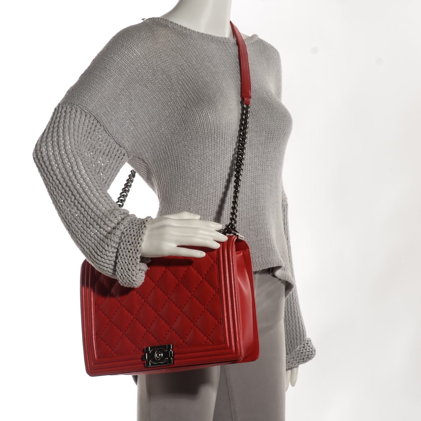 Calfskin Quilted Double Stitch Large Boy Flap Red