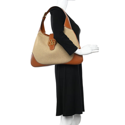 Gucci Canvas Textured Dollar Calfskin Large Aphrodite Shoulder Bag Beige Tan 2 of 12