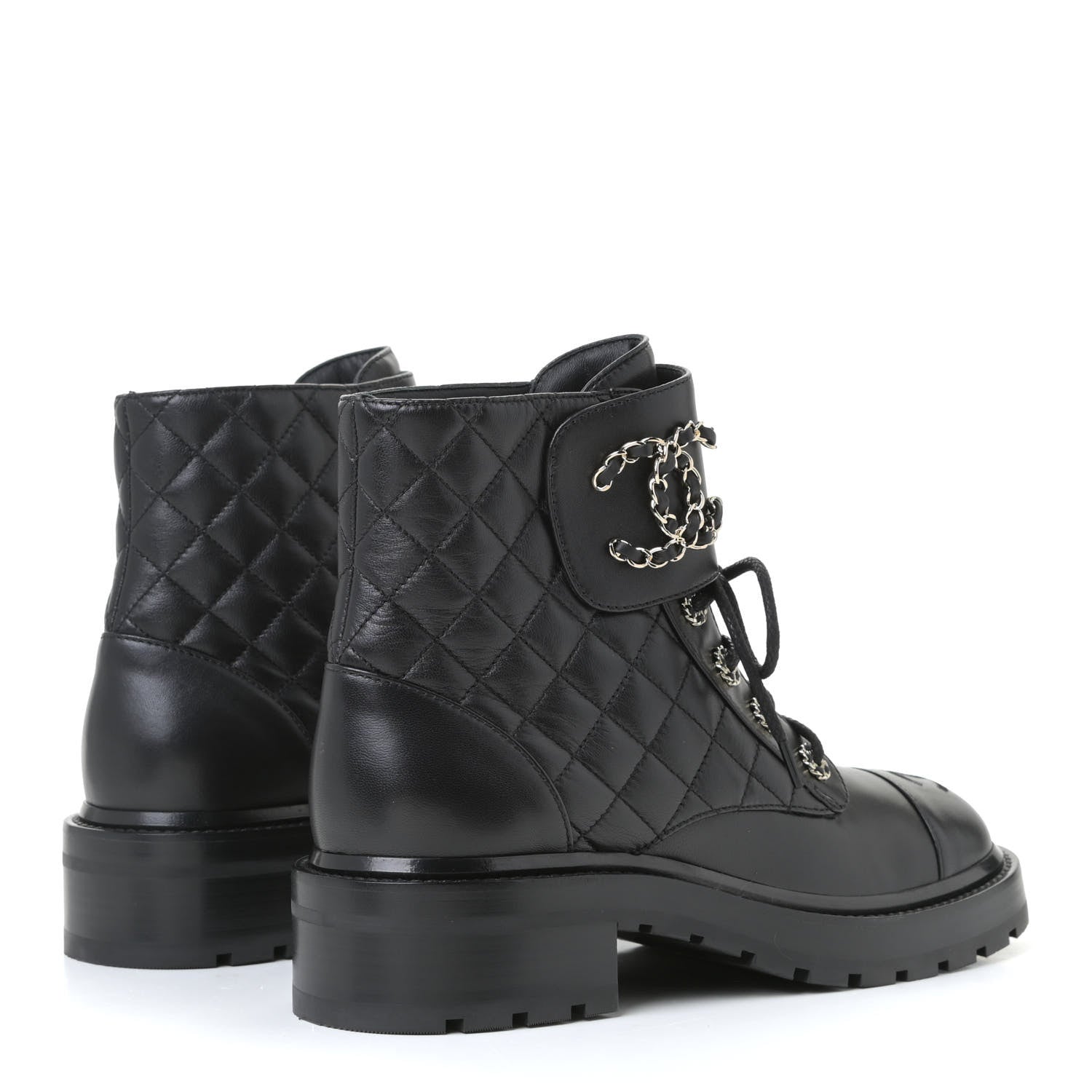 Chanel Shiny Lambskin Quilted Lace Up Combat Boots 38 Black 3 of 10