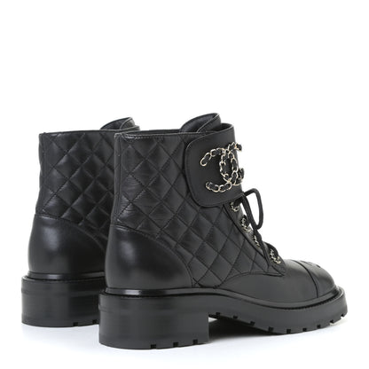 Chanel Shiny Lambskin Quilted Lace Up Combat Boots 38 Black 3 of 10