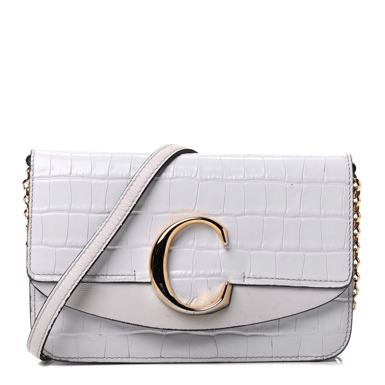 Chloe Calfskin Crocodile Embossed C Shoulder Bag Brilliant White 1 of 4
