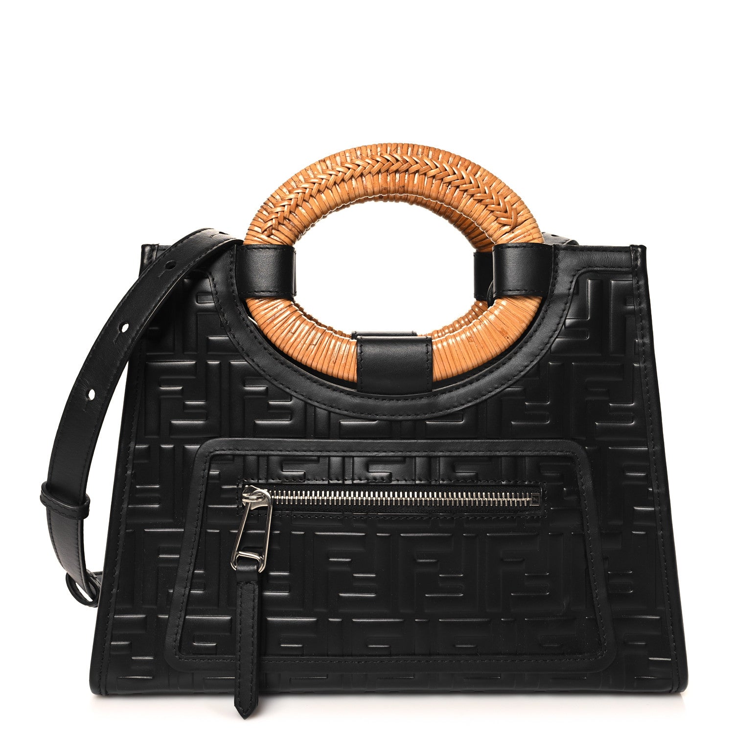 Fendi Vitello Century Wicker FF 1974 Embossed Small Runaway Shopper Tote Black 1 of 10