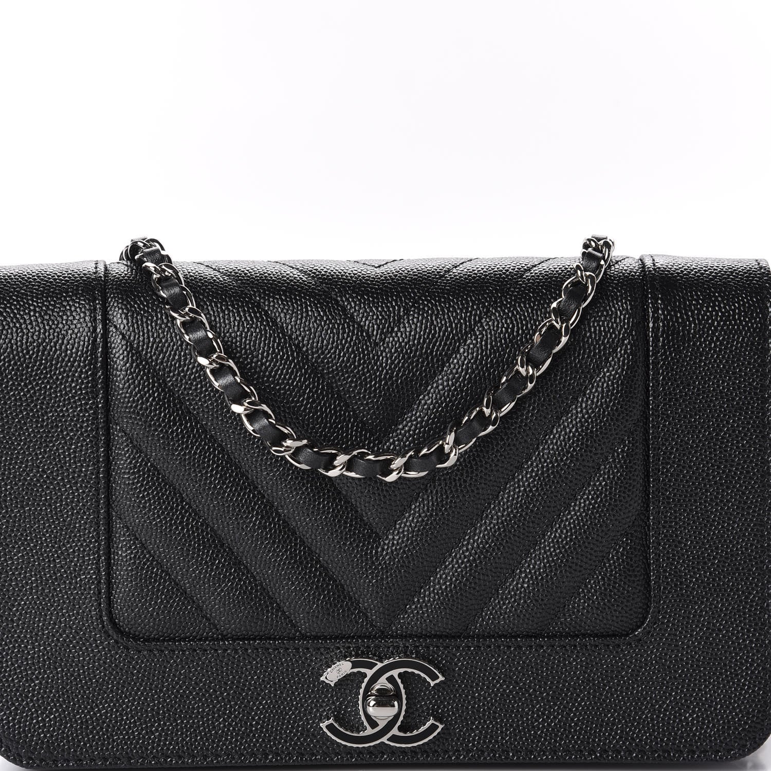 Chanel Caviar Chevron Quilted Vintage Mademoiselle Wallet On Chain WOC Black 11 of 12