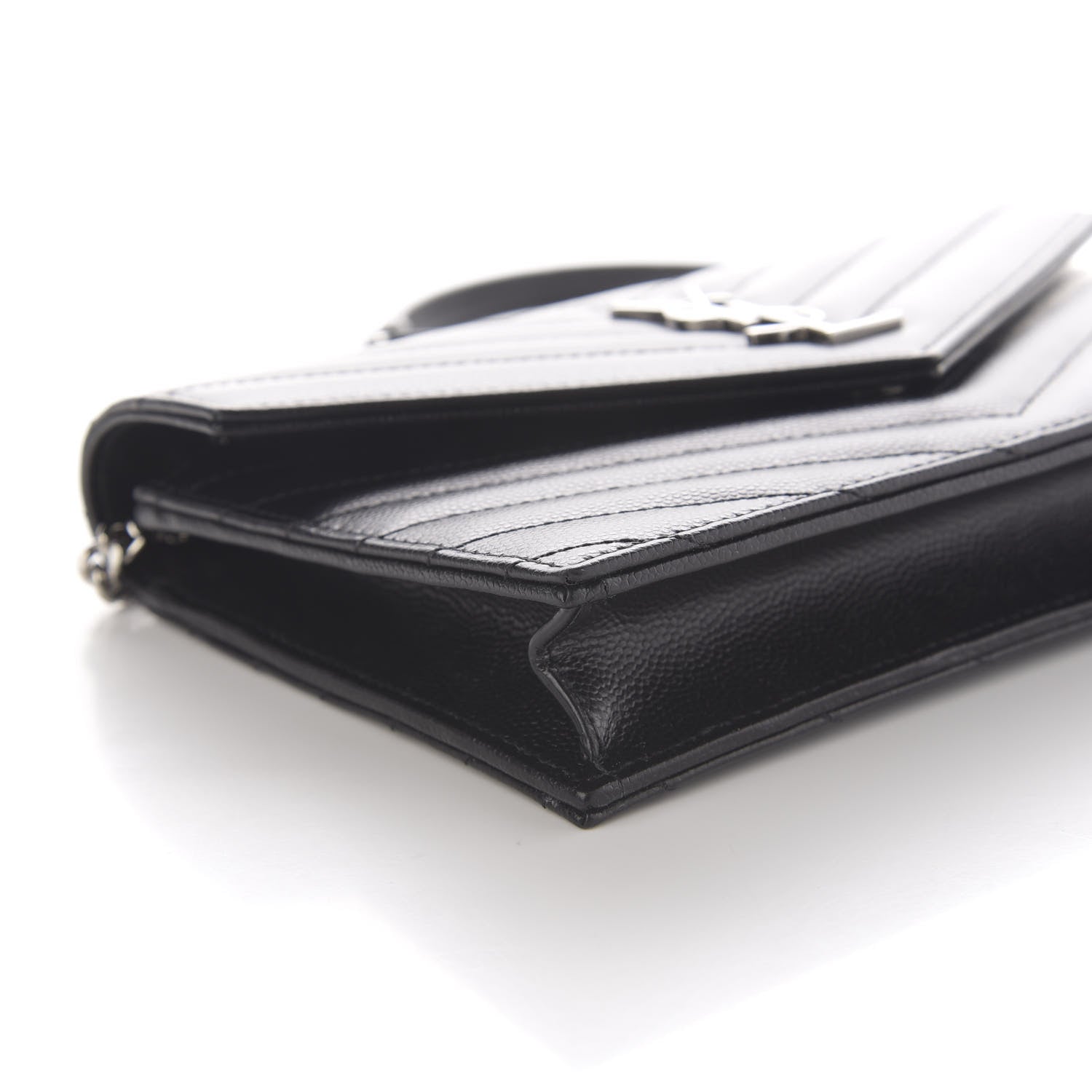 Saint Laurent Grain De Poudre Matelasse Chevron Monogram Envelope Chain Wallet Black 6 of 9