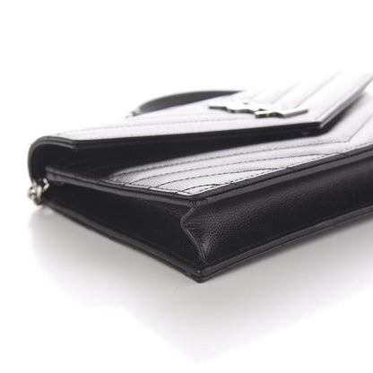 Saint Laurent Grain De Poudre Matelasse Chevron Monogram Envelope Chain Wallet Black 6 of 9