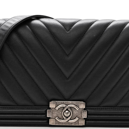 Chanel Calfskin Chevron Quilted Boy Convertible Clutch Flap Black 8 of 11