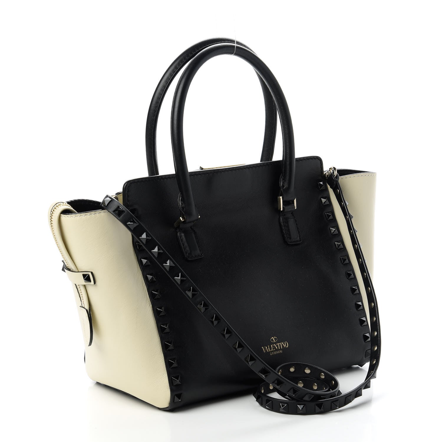 Valentino Garavani Vitello Bi-Color Small Rockstud Double Handle Tote Ivory Black 3 of 10