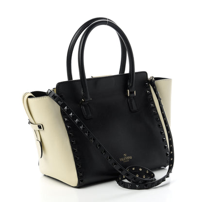 Valentino Garavani Vitello Bi-Color Small Rockstud Double Handle Tote Ivory Black 3 of 10