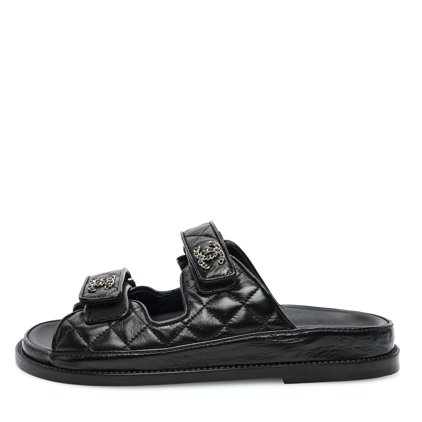 Lambskin Quilted Velcro Dad Chain CC Slide Sandals 36.5 Black
