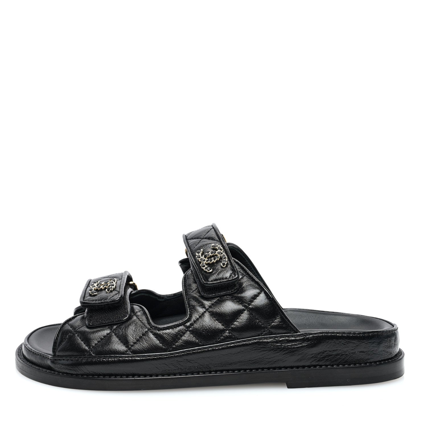 Chanel Lambskin Quilted Velcro Dad Chain CC Slide Sandals 36.5 Black 1 of 7