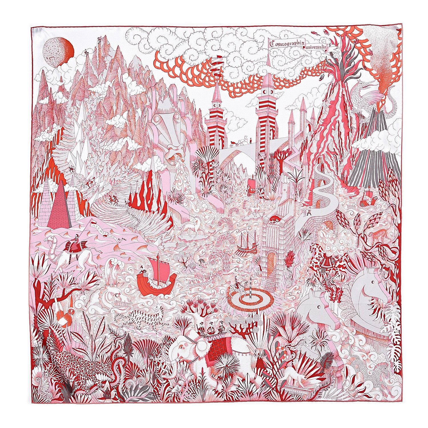 Hermes Silk Cosmographia Universalis Scarf 90 Rose Rouge Blanc 1 of 4