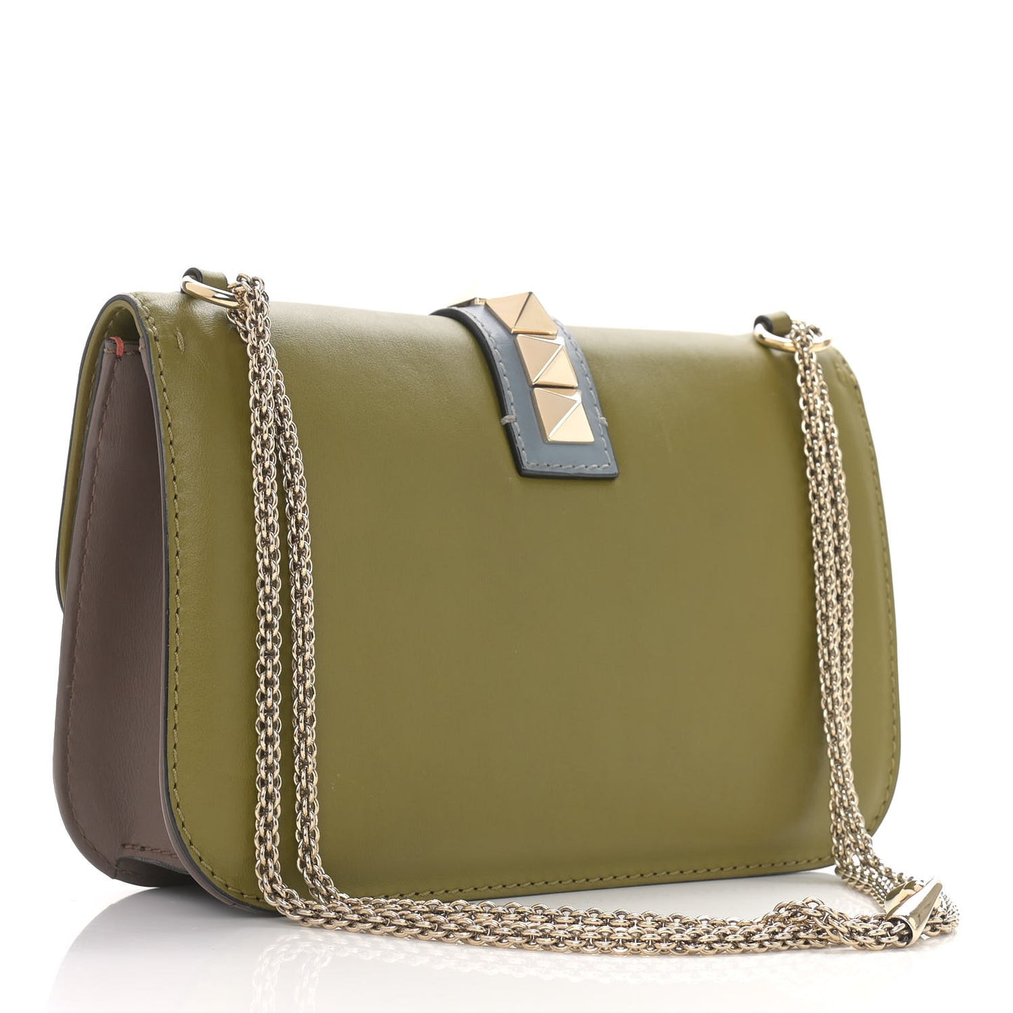 Vitello Tri-Color Medium Glam Lock Rockstud Flap Green Orange Brown