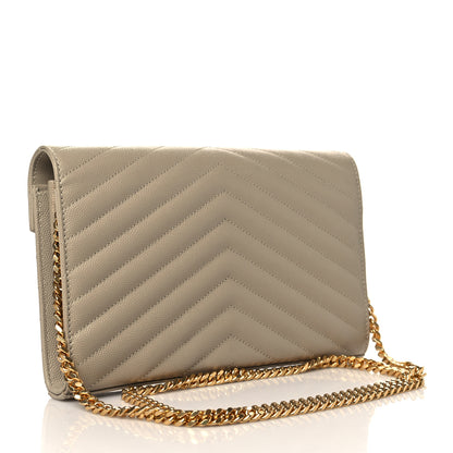 Saint Laurent Grain De Poudre Matelasse Chevron Monogram Chain Wallet Dark Beige 3 of 10