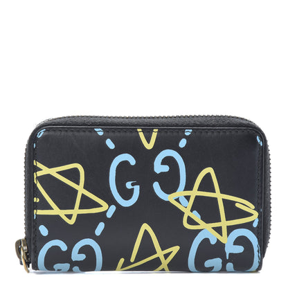 Gucci Calfskin GucciGhost Zip Around Card Case Black New Acquamarine 1 of 9