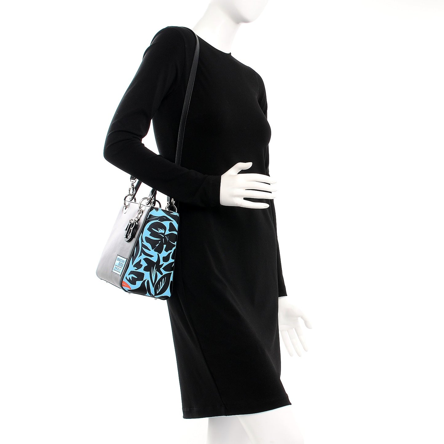 Calfskin Flower Printed Medium Lady Dior Black