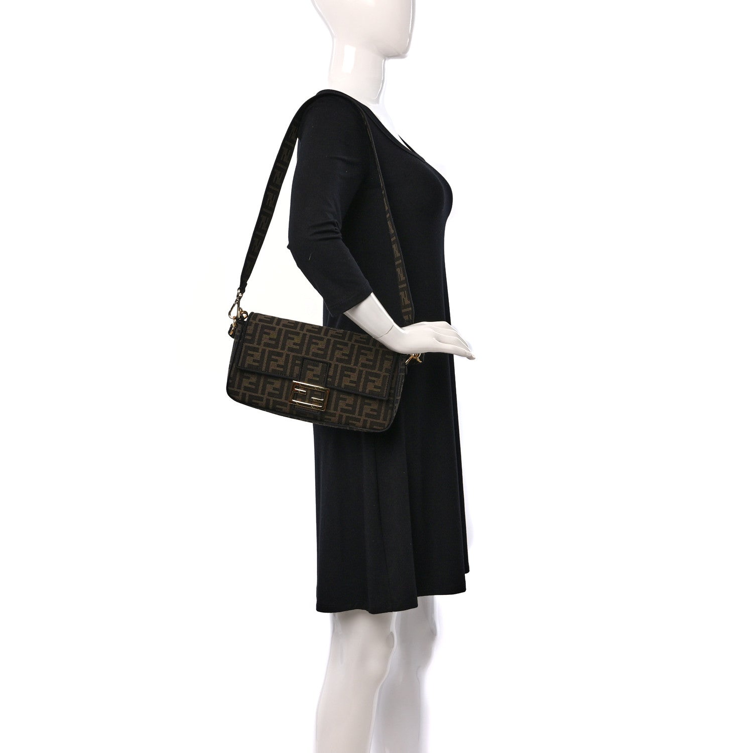 Fendi Fabric Jacquard FF 1974 Medium Baguette Tobacco Moro Black 2 of 8