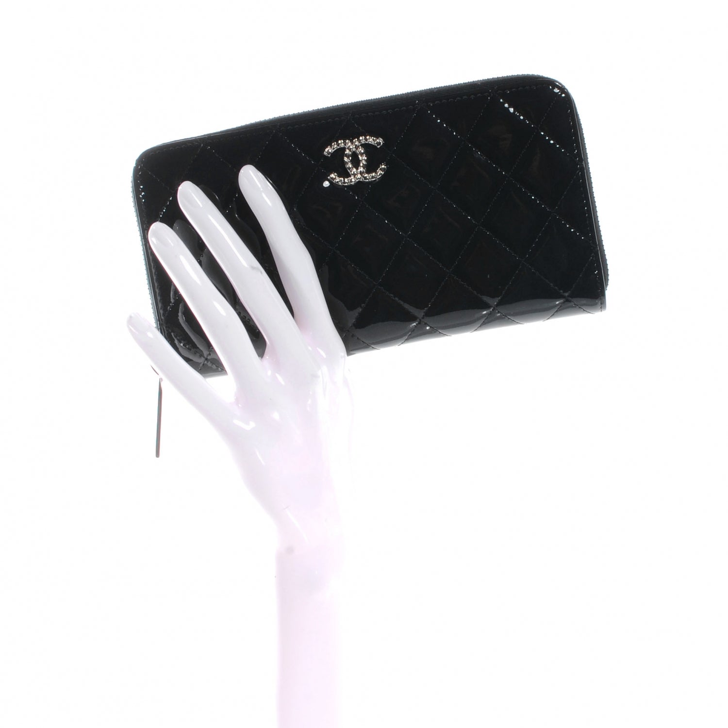 Chanel Patent Quilted Large Zip Around Wallet Black 2 of 9