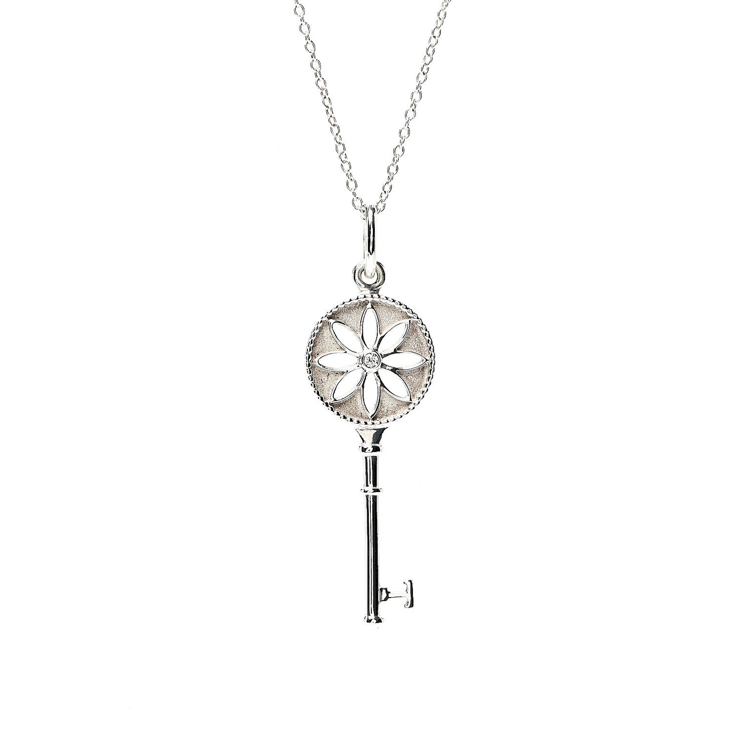 Sterling Silver Diamond Small Daisy Key Pendant Necklace