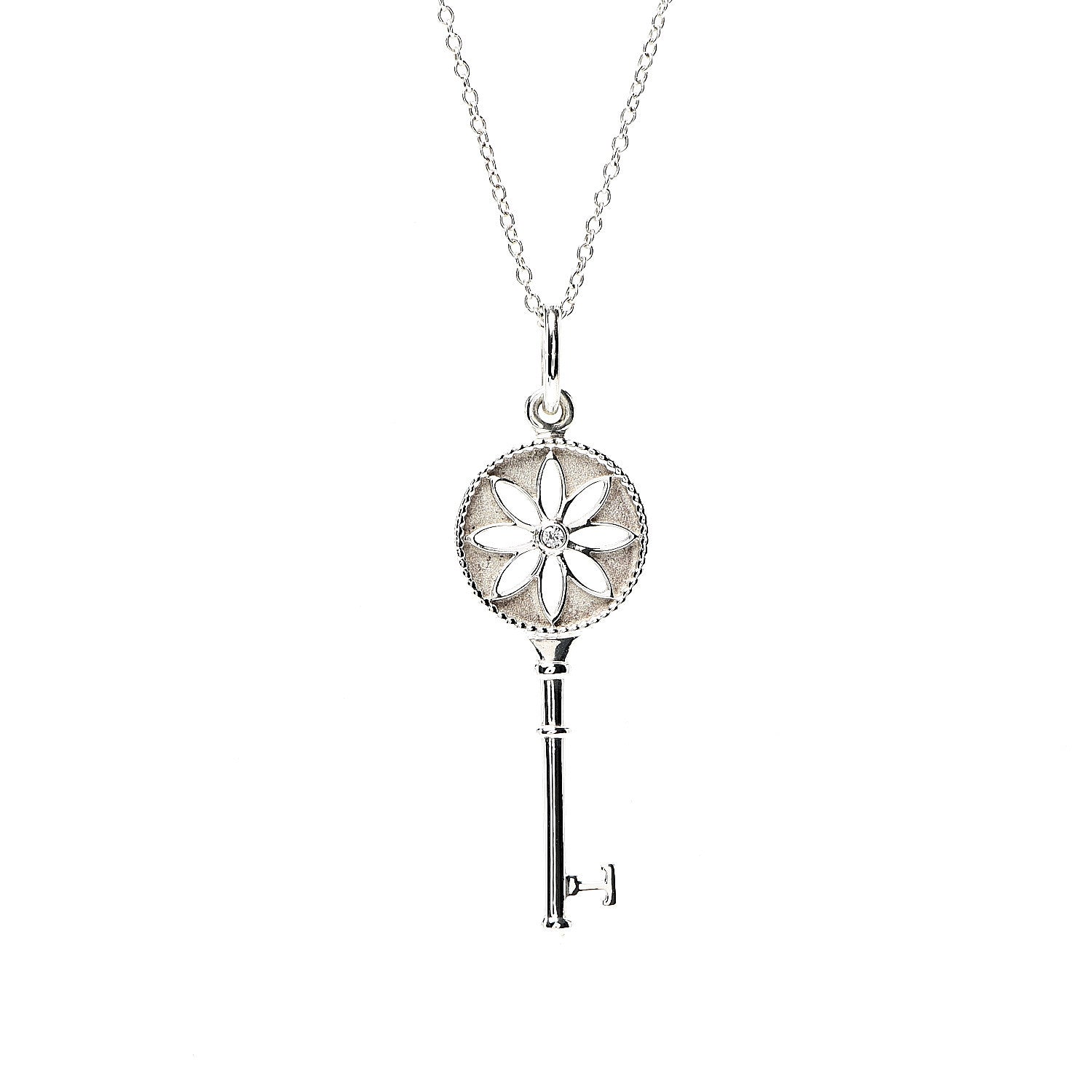 Tiffany Sterling Silver Diamond Small Daisy Key Pendant Necklace 3 of 6