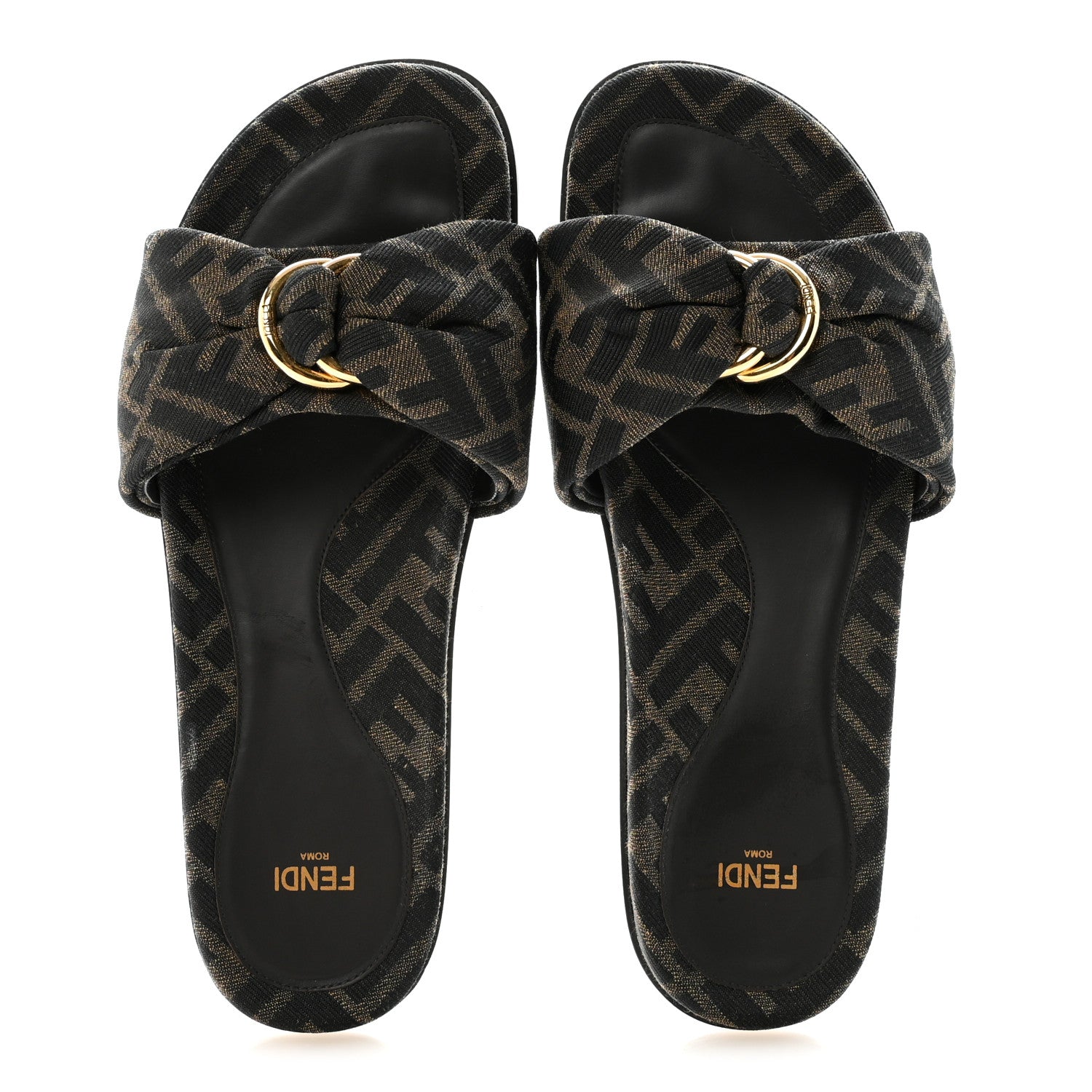 Fendi Fabric Jacquard FF 1974 Fendi Feel Slide Sandals 37.5 Tobacco Black 2 of 10