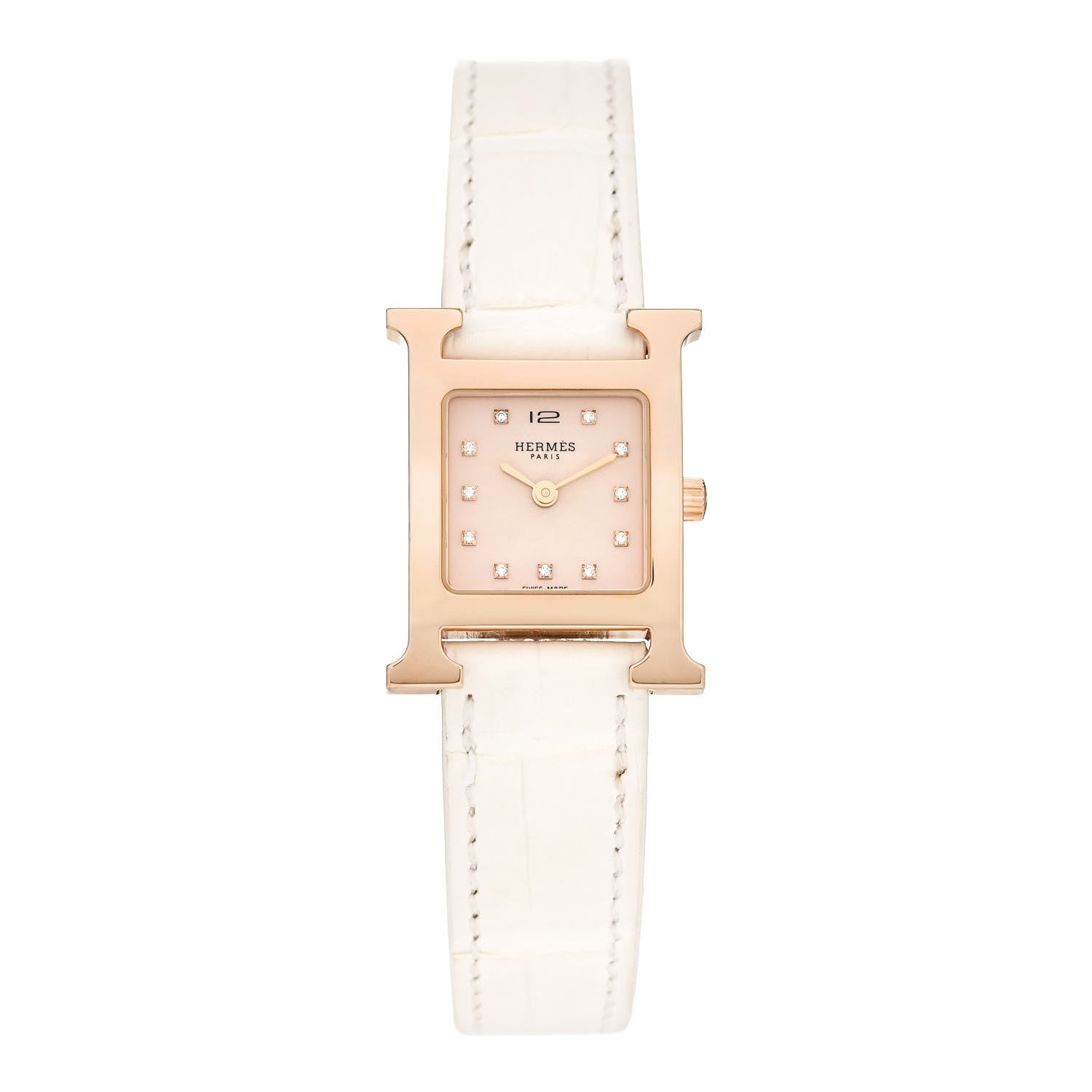 Hermes Stainless Steel Alligator Diamond Mother of Pearl 21mm Heure H Hour Quartz Watch Blanc 1 of 5