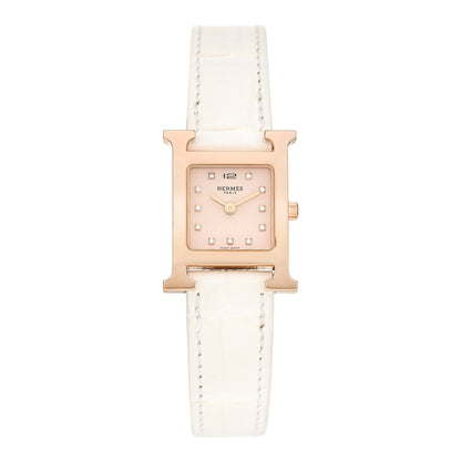 Hermes Stainless Steel Alligator Diamond Mother of Pearl 21mm Heure H Hour Quartz Watch Blanc 1 of 5