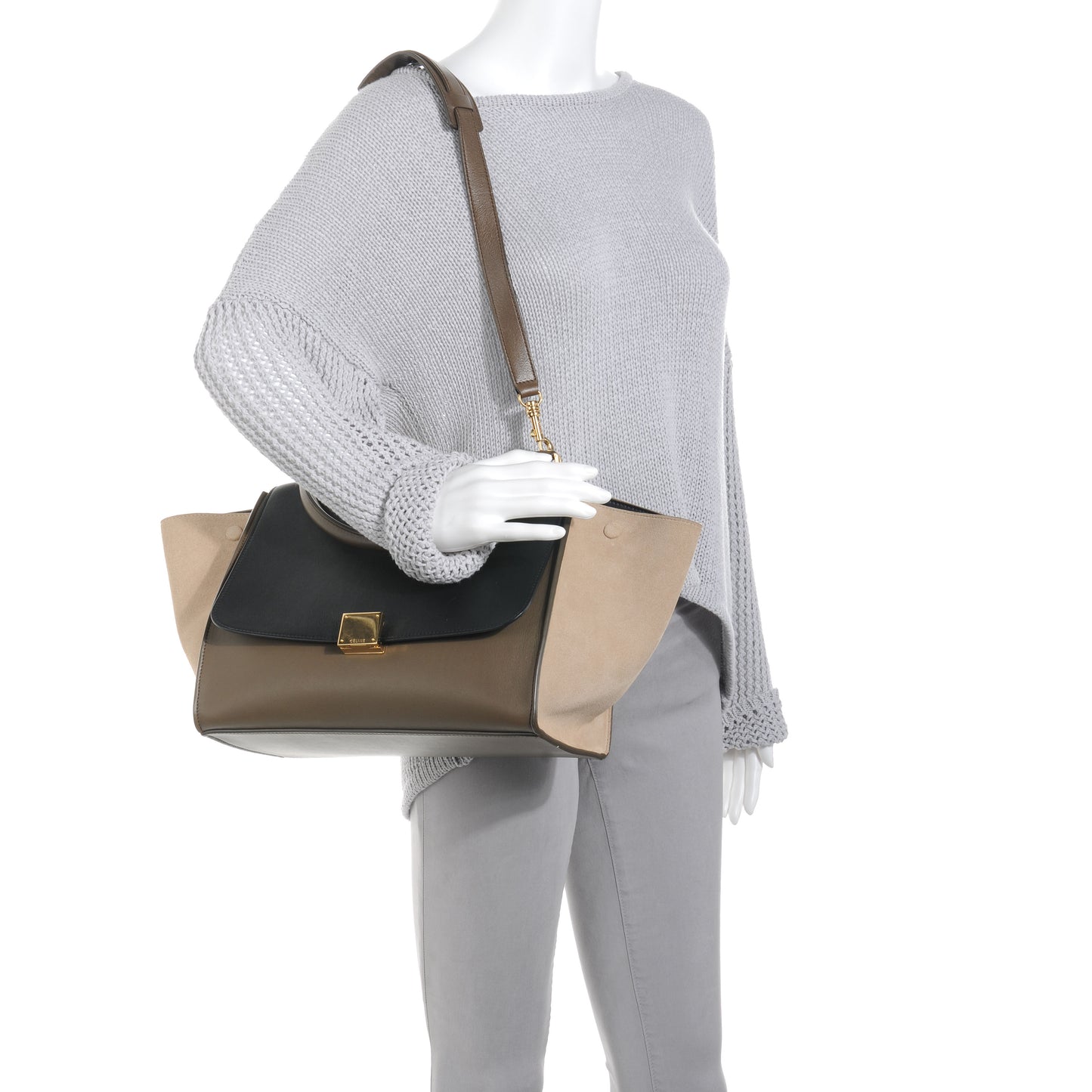 Calfskin and Suede Small Trapeze Beige
