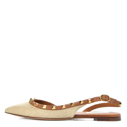 Valentino Garavani Raffia Calfskin Rockstud Slingback Flats 36 Naturale 1 of 10