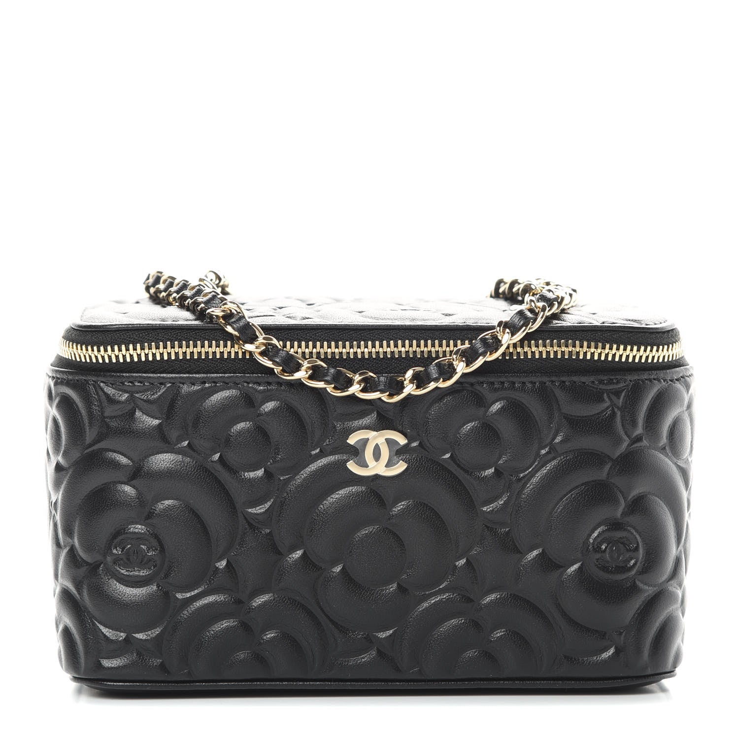 Chanel Lambskin Camellia Embossed Small Vanity Case With Chain Black 1 of 12